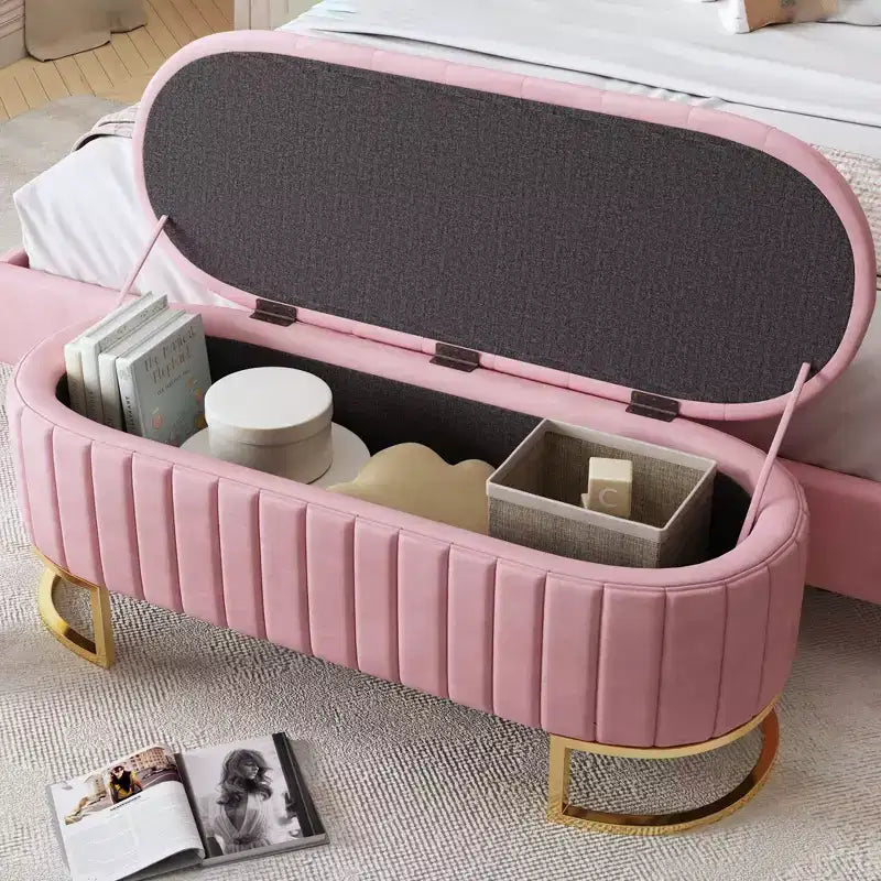 Modern Storage Bench with Button-Tufted Velvet Upholstered Vanity Stool with Metal Leg Elegant End of Bed Bench for Living Room, Bedroom
