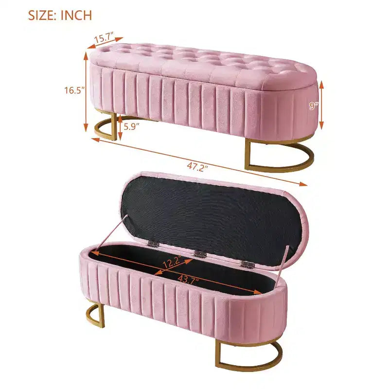 Modern Storage Bench with Button-Tufted Velvet Upholstered Vanity Stool with Metal Leg Elegant End of Bed Bench for Living Room, Bedroom