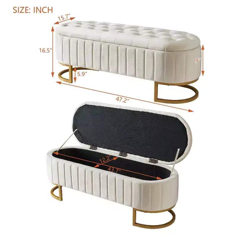 Modern Storage Bench with Button-Tufted Velvet Upholstered Vanity Stool with Metal Leg Elegant End of Bed Bench for Living Room, Bedroom