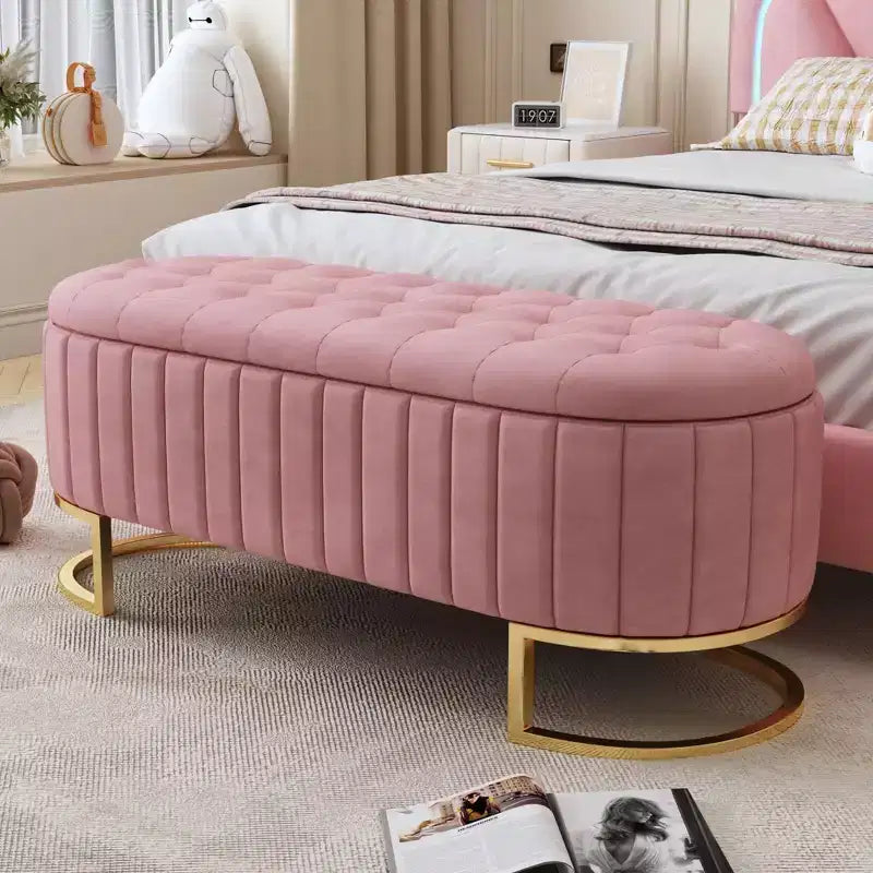 Modern Storage Bench with Button-Tufted Velvet Upholstered Vanity Stool with Metal Leg Elegant End of Bed Bench for Living Room, Bedroom