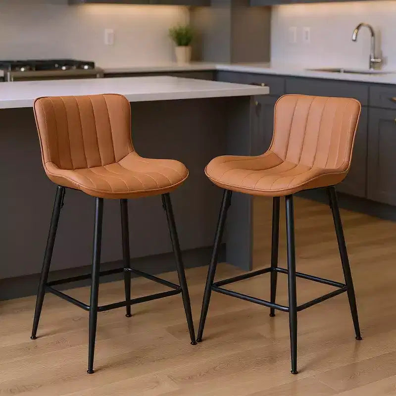 Set of Two 27 Brown and Black Faux Leather and Metal Low Back Counter Height Bar Chairs