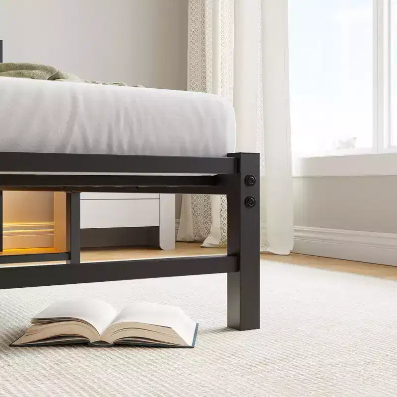 Twin Size Platform Bed Frame with RGB LED Lights, USB Charging Station, Heavy Duty No Box Spring Needed