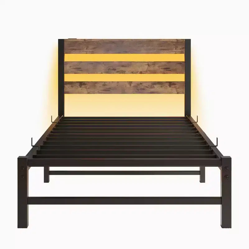 Twin Size Platform Bed Frame with RGB LED Lights, USB Charging Station, Heavy Duty No Box Spring Needed