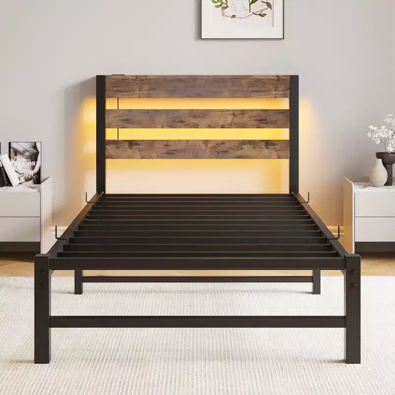 Twin Size Platform Bed Frame with RGB LED Lights, USB Charging Station, Heavy Duty No Box Spring Needed