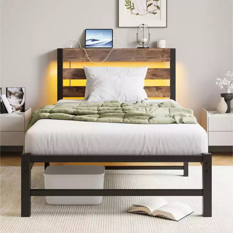 Twin Size Platform Bed Frame with RGB LED Lights, USB Charging Station, Heavy Duty No Box Spring Needed