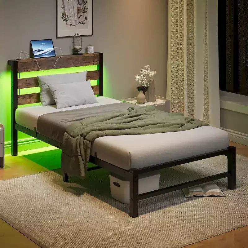 Twin Size Platform Bed Frame with RGB LED Lights, USB Charging Station, Heavy Duty No Box Spring Needed
