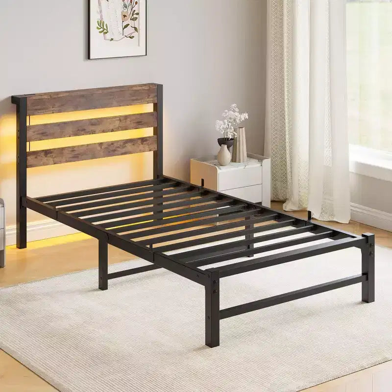 Twin Size Platform Bed Frame with RGB LED Lights, USB Charging Station, Heavy Duty No Box Spring Needed
