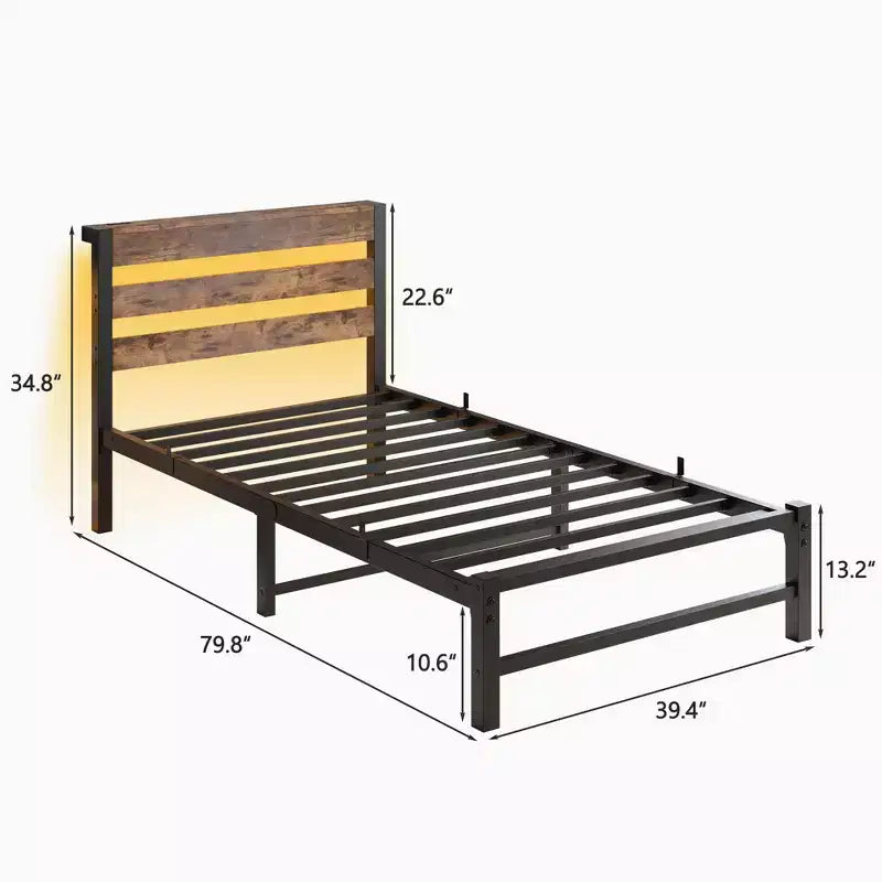 Twin Size Platform Bed Frame with RGB LED Lights, USB Charging Station, Heavy Duty No Box Spring Needed