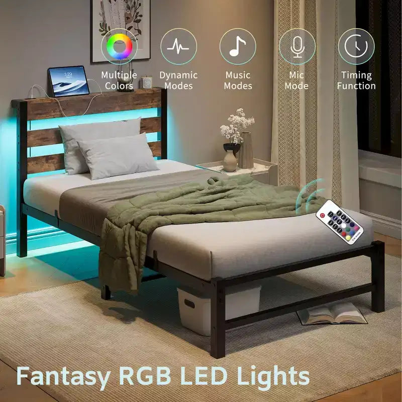 Twin Size Platform Bed Frame with RGB LED Lights, USB Charging Station, Heavy Duty No Box Spring Needed