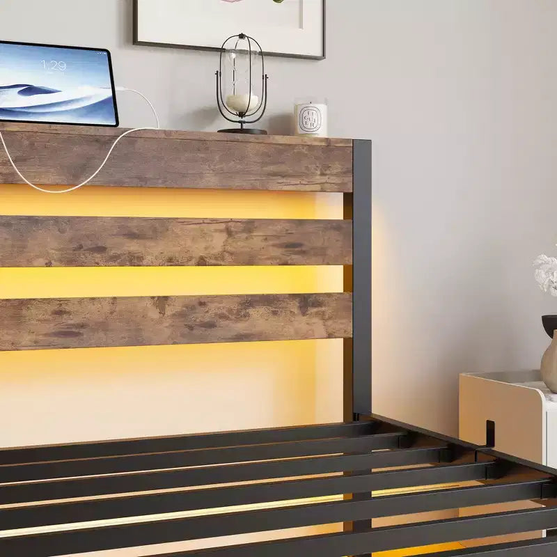 Twin Size Platform Bed Frame with RGB LED Lights, USB Charging Station, Heavy Duty No Box Spring Needed
