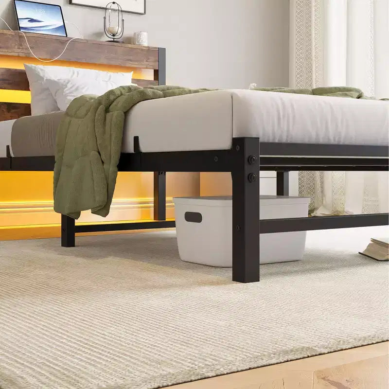 Twin Size Platform Bed Frame with RGB LED Lights, USB Charging Station, Heavy Duty No Box Spring Needed