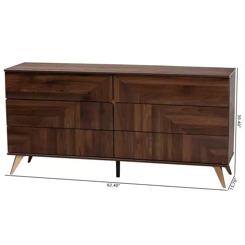 Graceland Wood 6 Drawer Dresser Walnut Brown/Gold: Mid-Century Storage, Angled Legs