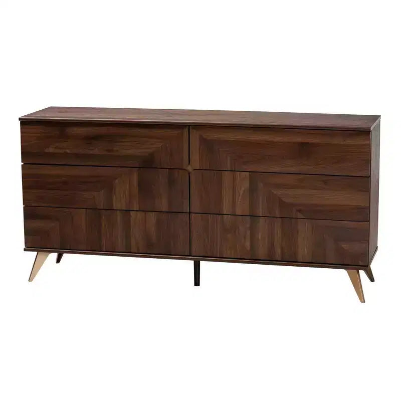 Graceland Wood 6 Drawer Dresser Walnut Brown/Gold: Mid-Century Storage, Angled Legs