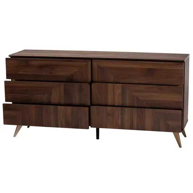 Graceland Wood 6 Drawer Dresser Walnut Brown/Gold: Mid-Century Storage, Angled Legs