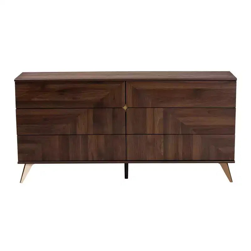 Graceland Wood 6 Drawer Dresser Walnut Brown/Gold: Mid-Century Storage, Angled Legs