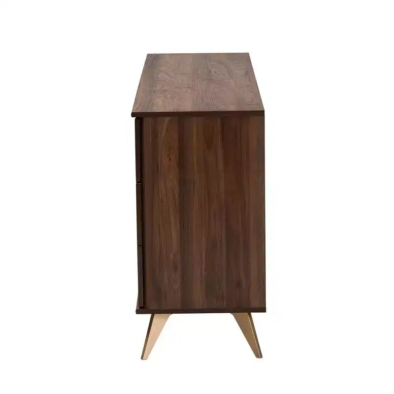 Graceland Wood 6 Drawer Dresser Walnut Brown/Gold: Mid-Century Storage, Angled Legs