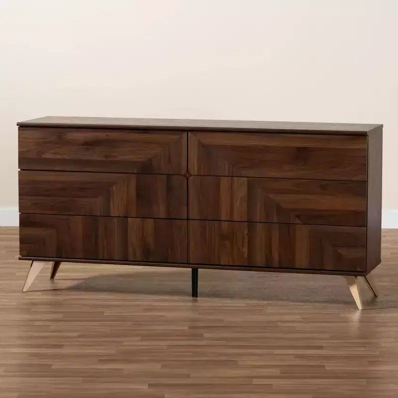 Graceland Wood 6 Drawer Dresser Walnut Brown/Gold: Mid-Century Storage, Angled Legs
