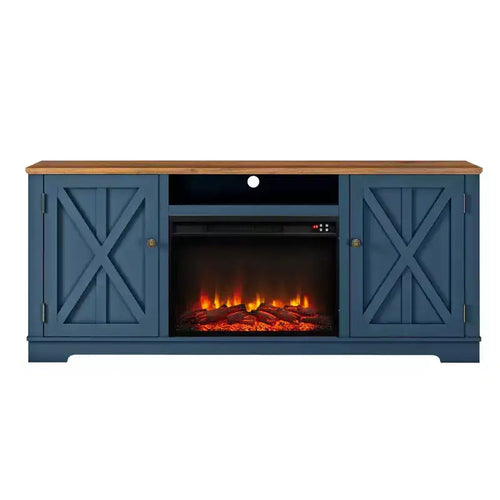 Festivo 70" Farmhouse TV Stand for TVs up to 75" with Electric Fireplace Navy : Entertainment Center, Media Console