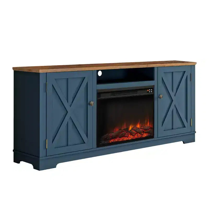 70" Farmhouse TV Stand for TVs up to 75" with Electric Fireplace Navy : Entertainment Center, Media Console