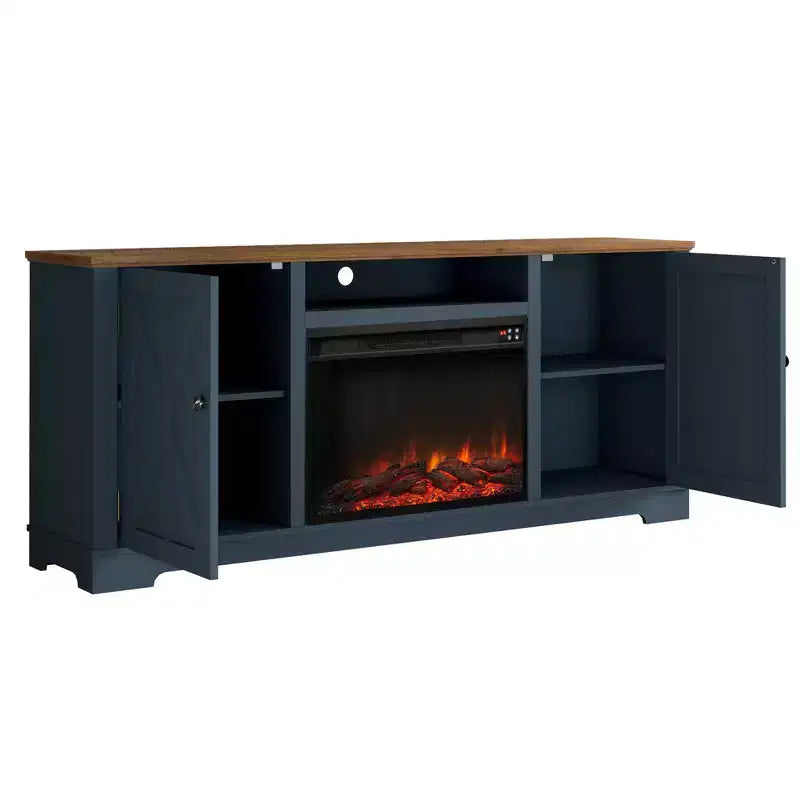 70" Farmhouse TV Stand for TVs up to 75" with Electric Fireplace Navy : Entertainment Center, Media Console