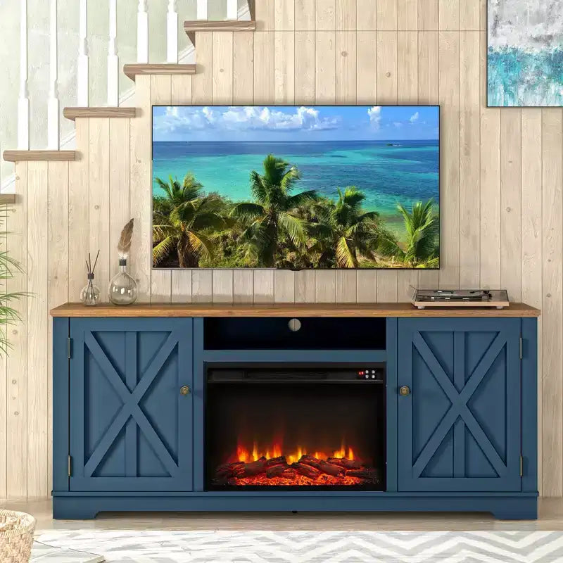 70" Farmhouse TV Stand for TVs up to 75" with Electric Fireplace Navy : Entertainment Center, Media Console