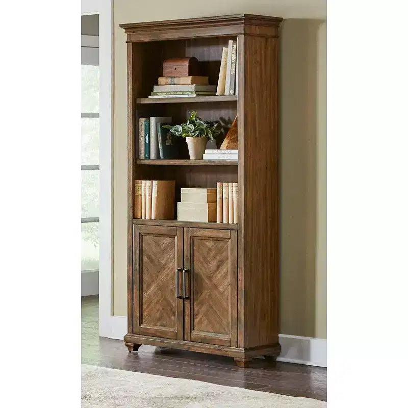 74-Inch Traditional Style Brown Wooden Bookcase with Doors