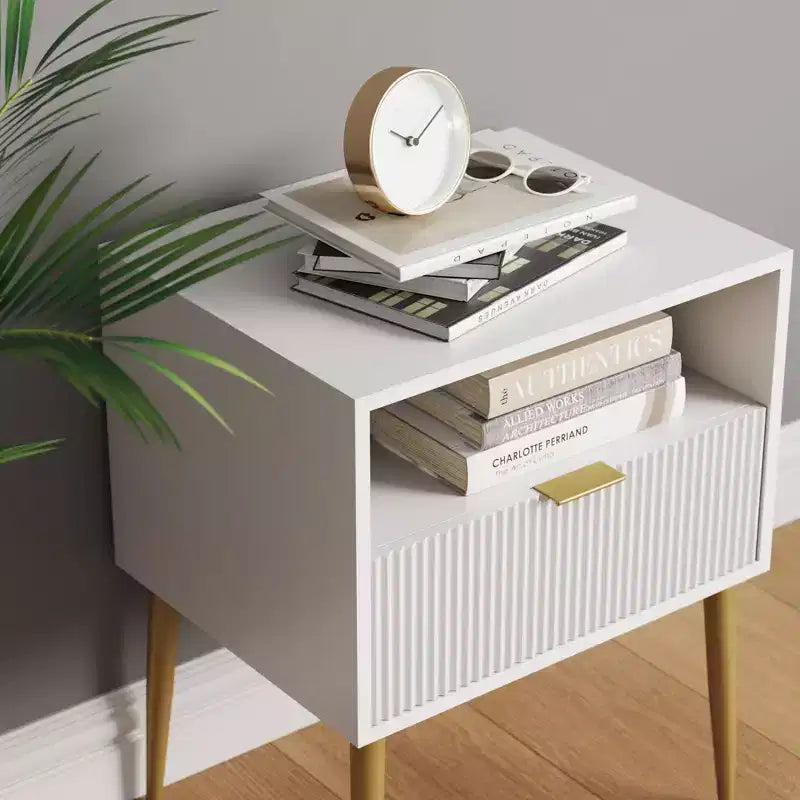 Jacklyn Wood Fluted Nightstand with Drawer White: Modern Bedside Table, Laminate Surface
