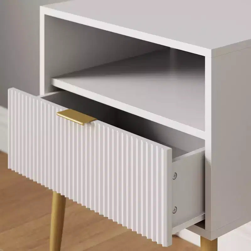 Jacklyn Wood Fluted Nightstand with Drawer White: Modern Bedside Table, Laminate Surface
