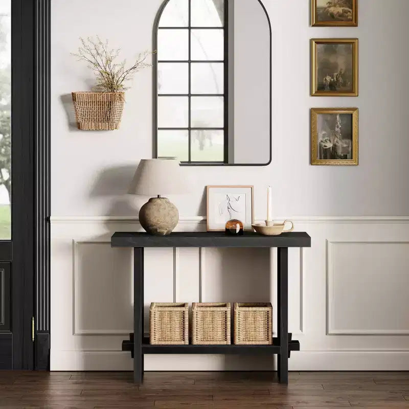 Console Sofa Table Reclaimed Black Oak: 40" Narrow Entryway, Rustic Veneer Surface
