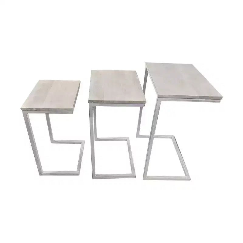 Addison Nesting Table Set Whitewash: Solid Mango Wood, Iron Frame, 3-Piece