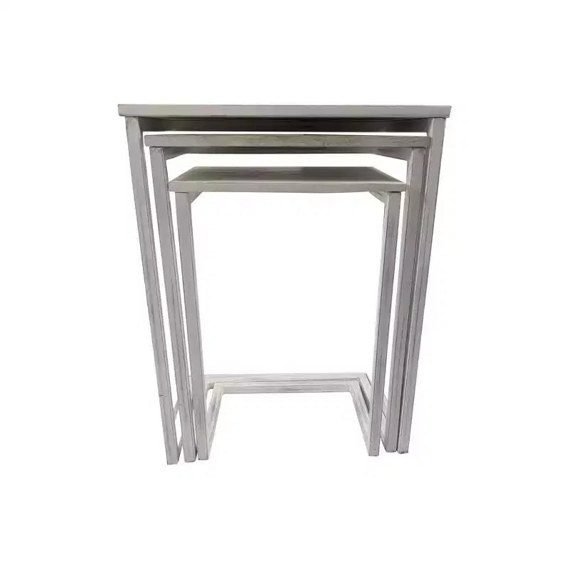 Addison Nesting Table Set Whitewash: Solid Mango Wood, Iron Frame, 3-Piece