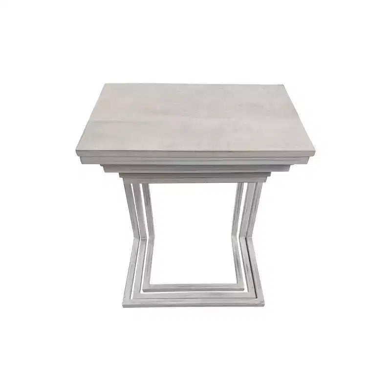 Addison Nesting Table Set Whitewash: Solid Mango Wood, Iron Frame, 3-Piece