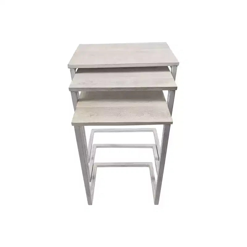 Addison Nesting Table Set Whitewash: Solid Mango Wood, Iron Frame, 3-Piece