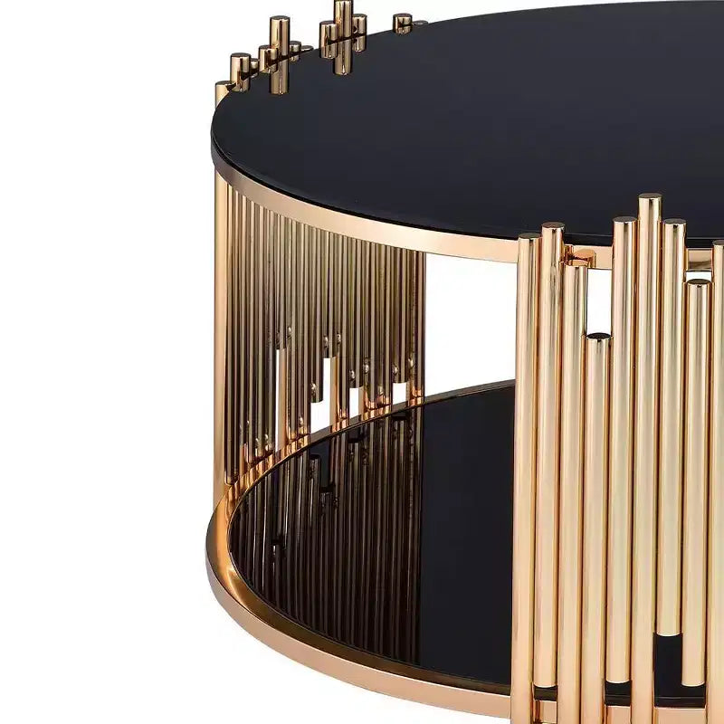 37-Inch Coffee Table (Black Glass & Gold Finish) — Round Base, Tempered Glass, Open Shelf