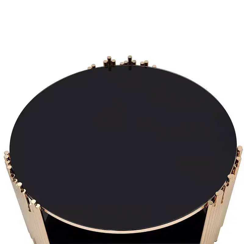 37-Inch Coffee Table (Black Glass & Gold Finish) — Round Base, Tempered Glass, Open Shelf