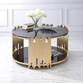 37-Inch Coffee Table (Black Glass & Gold Finish) — Round Base, Tempered Glass, Open Shelf