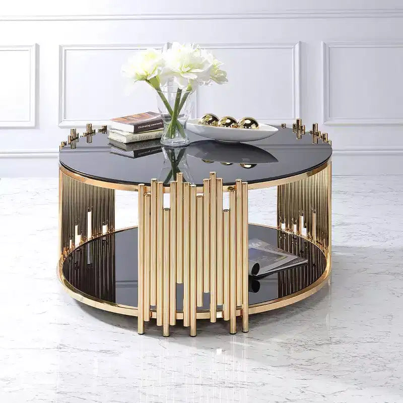 37-Inch Coffee Table (Black Glass & Gold Finish) — Round Base, Tempered Glass, Open Shelf