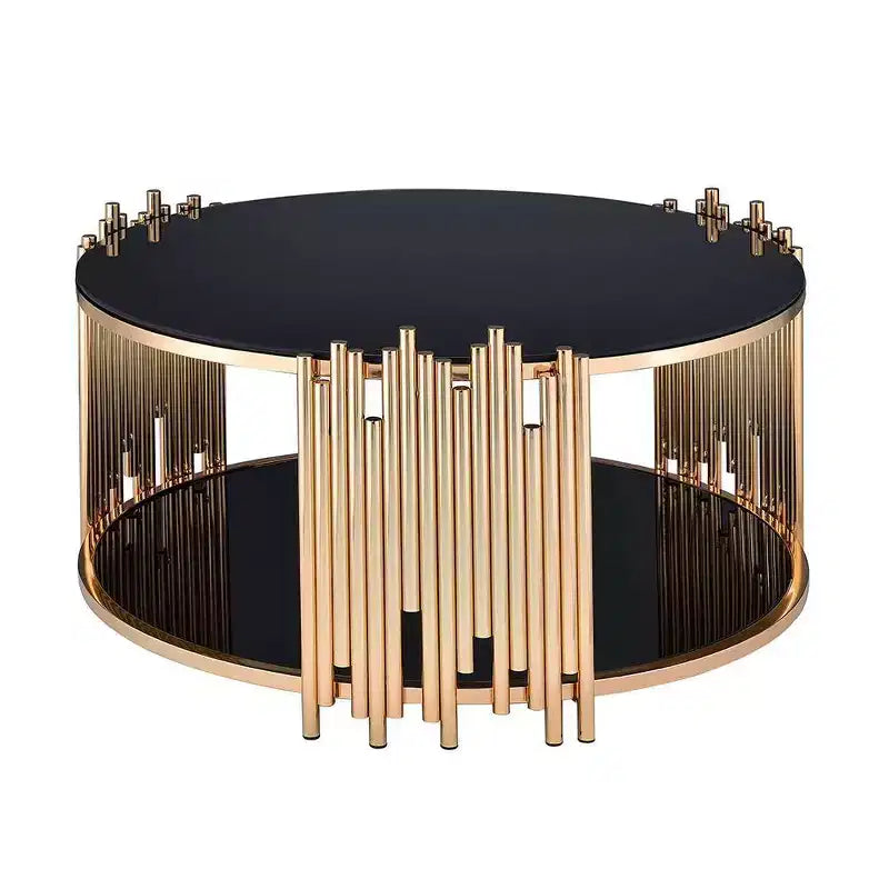 37-Inch Coffee Table (Black Glass & Gold Finish) — Round Base, Tempered Glass, Open Shelf
