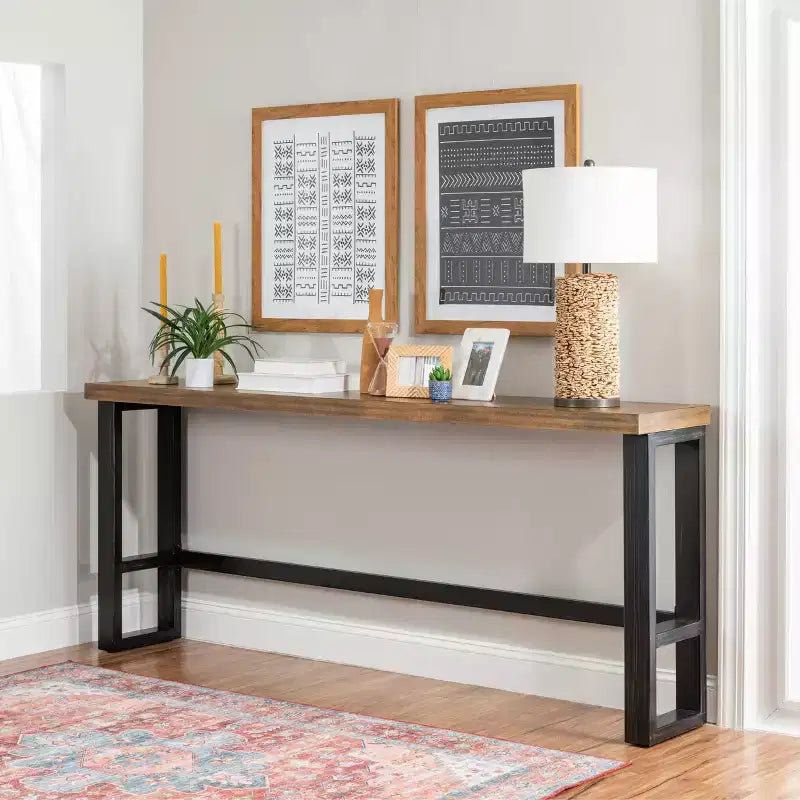 Hand Distressed Sofa Bar Table Black/Medium Walnut Finish/White - Powell: Modern Industrial Console with Metal Frame