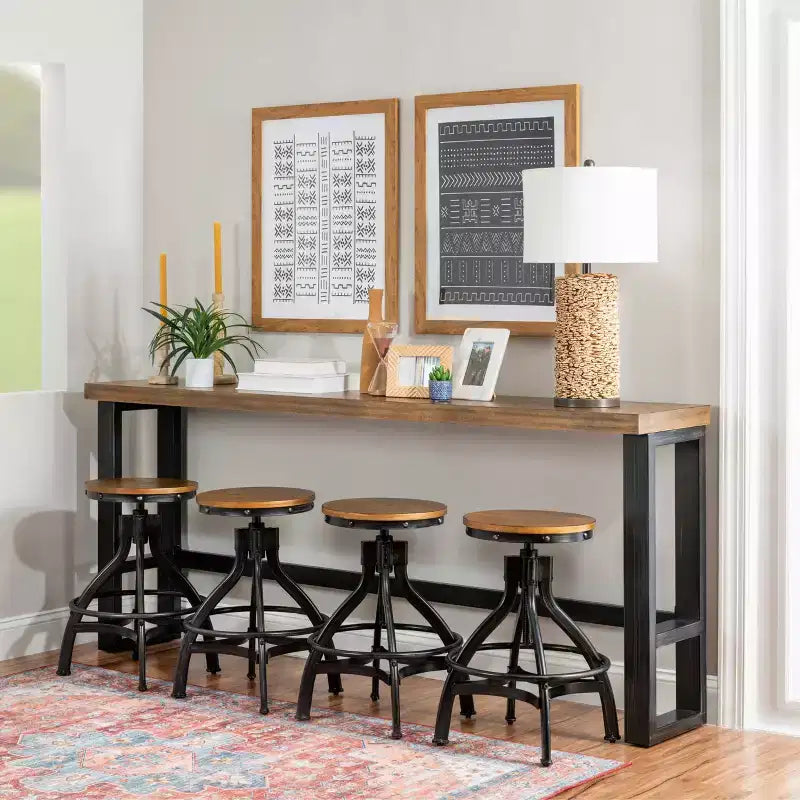 Hand Distressed Sofa Bar Table Black/Medium Walnut Finish/White - Powell: Modern Industrial Console with Metal Frame