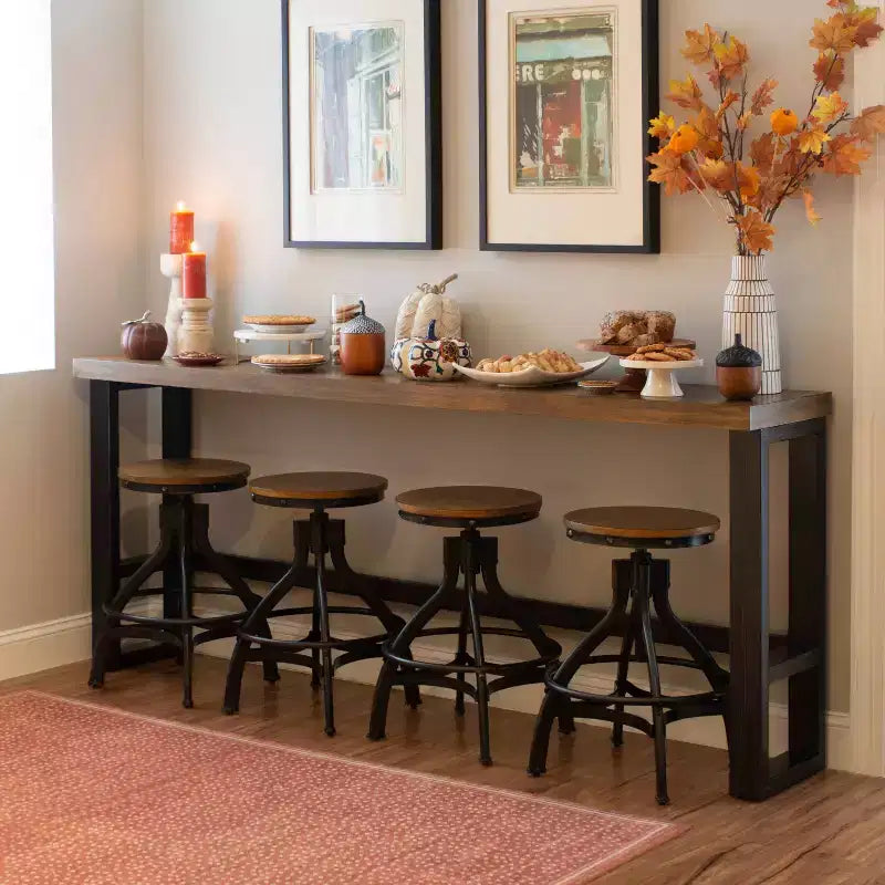 Hand Distressed Sofa Bar Table Black/Medium Walnut Finish/White - Powell: Modern Industrial Console with Metal Frame