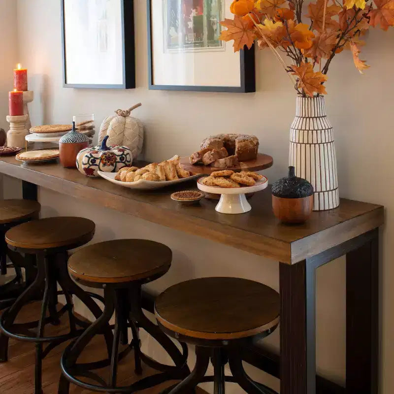 Hand Distressed Sofa Bar Table Black/Medium Walnut Finish/White - Powell: Modern Industrial Console with Metal Frame