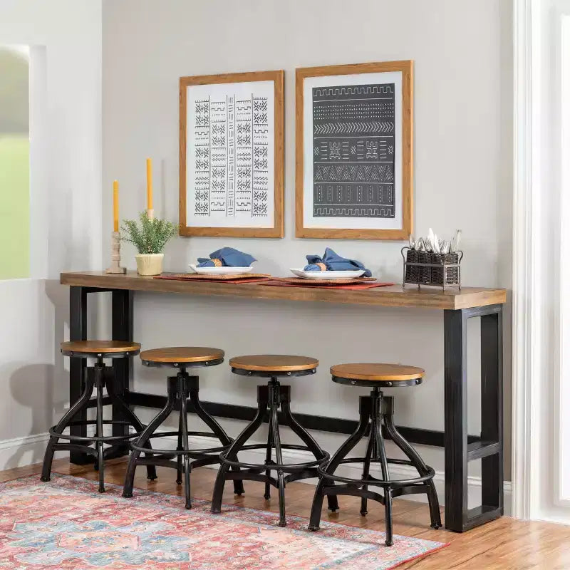 Hand Distressed Sofa Bar Table Black/Medium Walnut Finish/White - Powell: Modern Industrial Console with Metal Frame