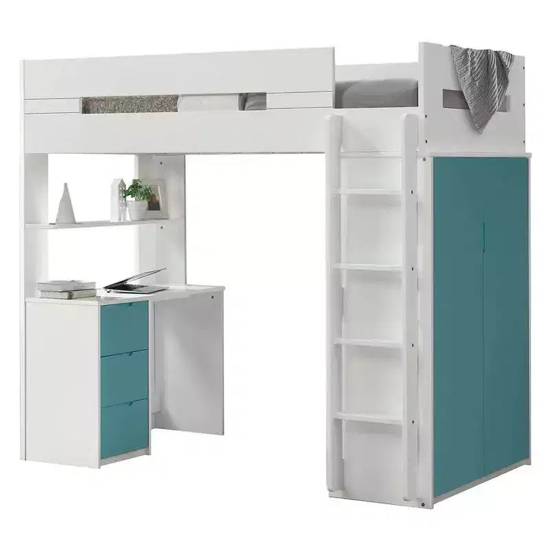 78-Inch Loft Bed (White & Teal): Single Loft Bed, Wooden Frame, Tool-Free Assembly