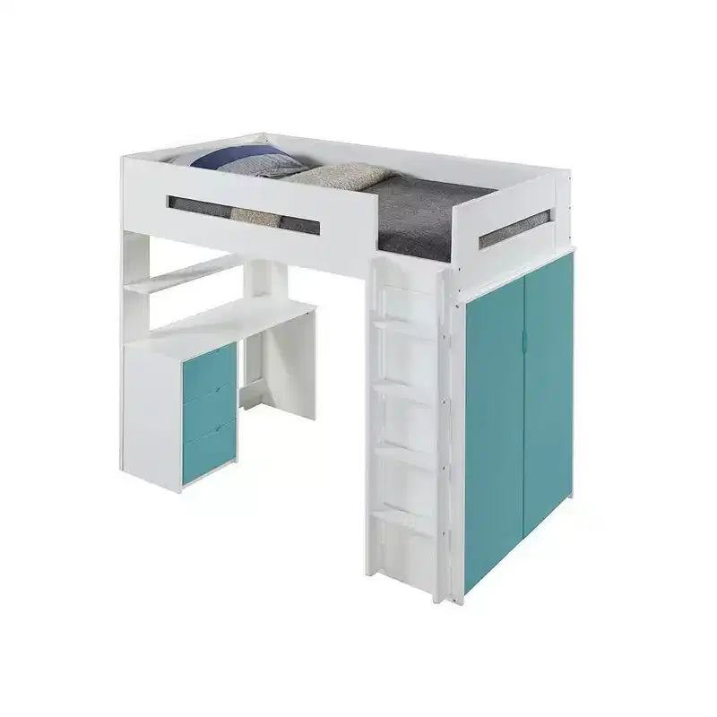 78-Inch Loft Bed (White & Teal): Single Loft Bed, Wooden Frame, Tool-Free Assembly