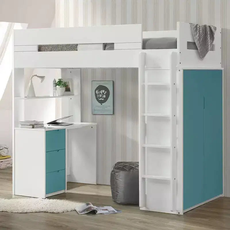 78-Inch Loft Bed (White & Teal): Single Loft Bed, Wooden Frame, Tool-Free Assembly