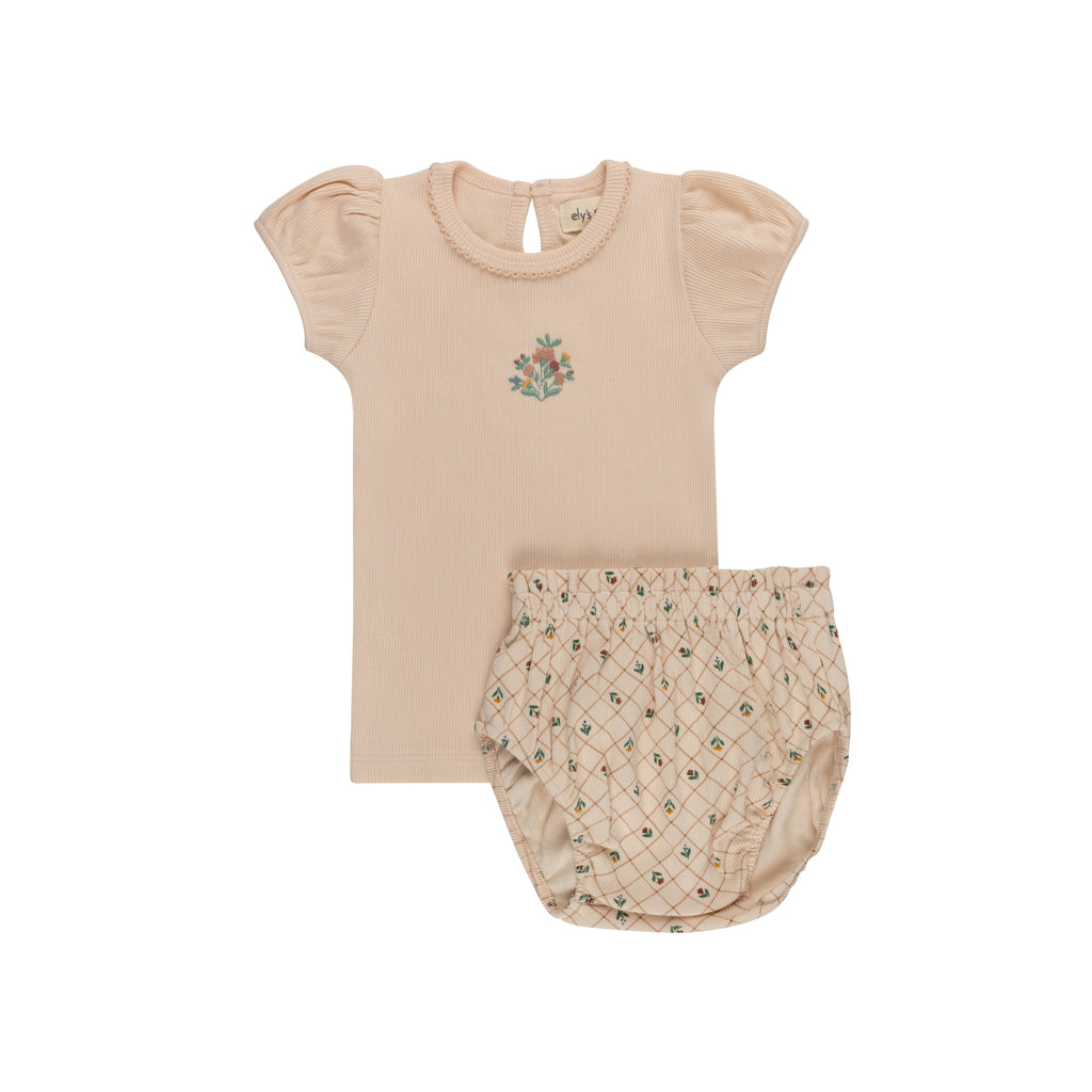 Girls Tshirt and Bloomer Set - Pink - Embroidered Florals