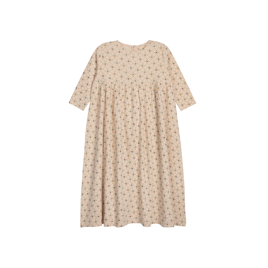 Girls Dress 3/4 Sleeves - Pink - Floral Grid