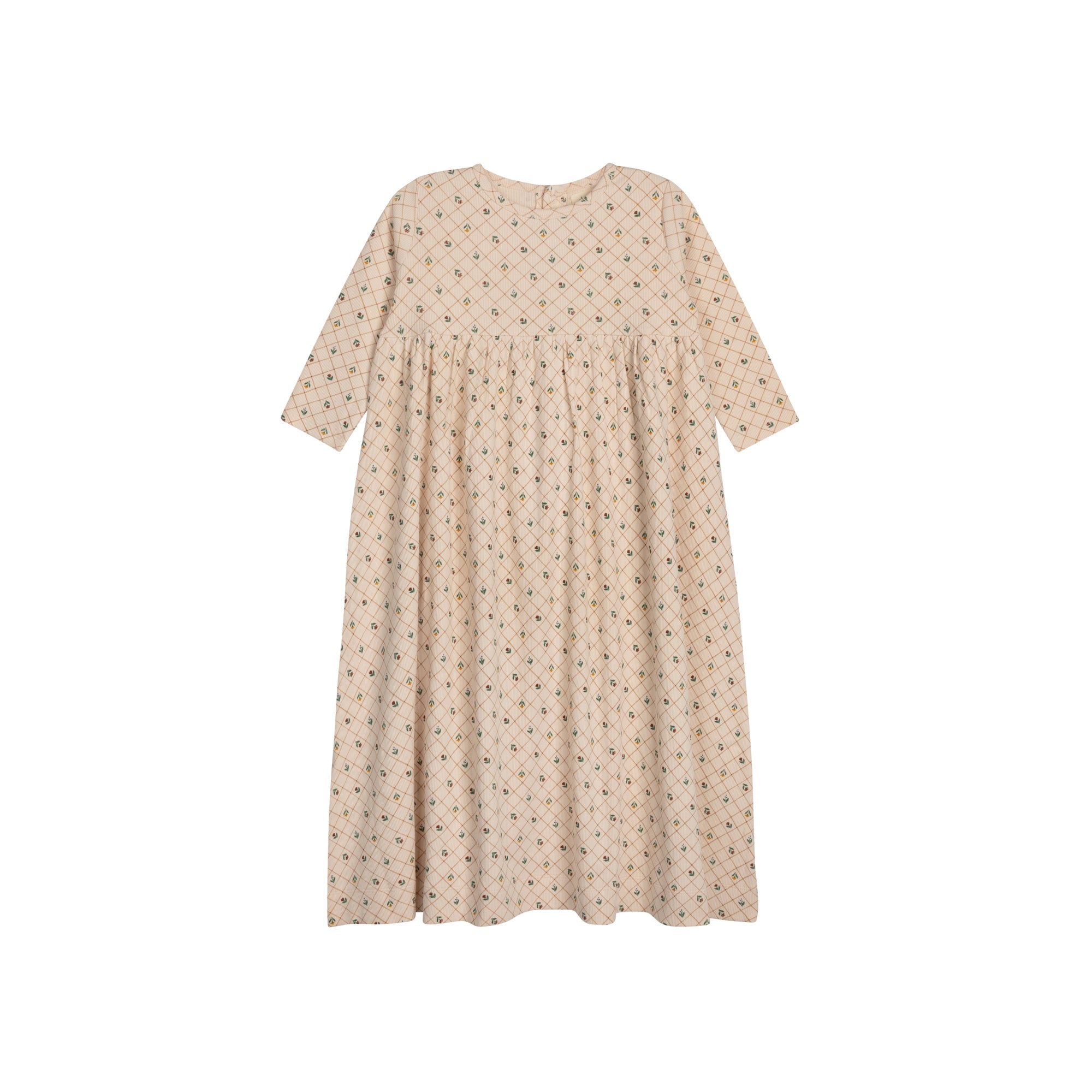 Girls Dress 3/4 Sleeves - Pink - Floral Grid