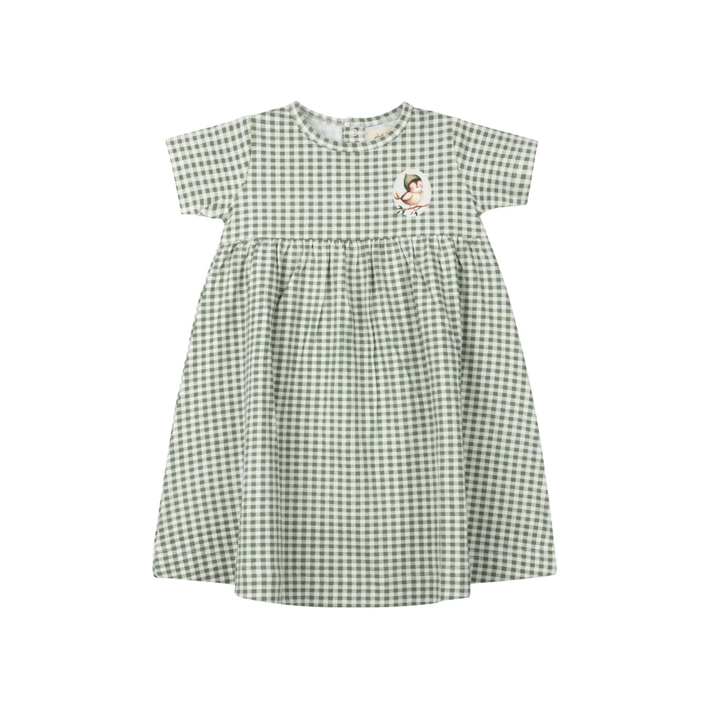 Girls Short Sleeve Dress - Sage - Gingham Owl